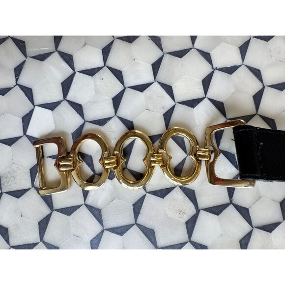 Vintage Black Faux Leather Belt W/ Gold Oval Buckle Design 35" Total Length - Picture 2 of 5